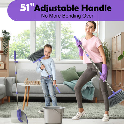 Broom & Dustpan Set | 51" Extendable Handle, Comb Teeth, Foldable Storage (Gray Purple)